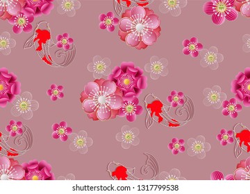 Flower paper cut art seamless pattern with cherry blossom  -vector illustration