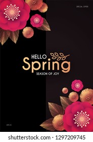 Flower Paper Cut Elegant Design Template with Realistic Shadows. Pink, Black and Gold. Vector illustration