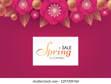 Flower Paper Cut Elegant Design Template with Realistic Shadows. Pink and Gold.