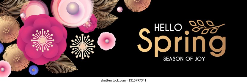 Flower Paper Cut Elegant Design Template with Realistic Shadows. Pink, Black and Gold. Vector illustration