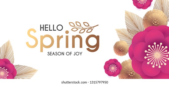 Flower Paper Cut Elegant Design Template with Realistic Shadows. Pink and Gold. Vector illustration