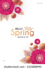 Flower Paper Cut Elegant Design Template with Realistic Shadows. Pink and Gold. Vector illustration