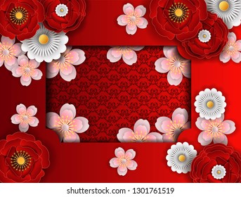 Flower paper cut on beautiful  background with Thai tradition line art-vector