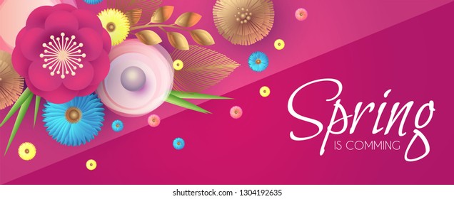 Flower Paper Cut Spring Design Template with REalistic Shadows. Vector illustration