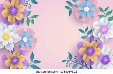 flower paper cut in vector art design with realistic shadows in pastel color tone . Frame or space for add the text label used for a magazine, web, signboard in shopping mall and the other.