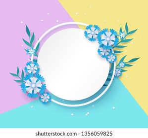 flower paper cut in vector art design with realistic shadows in pastel color tone . Frame or space for add the text label used for a magazine, web, signboard in shopping mall and the other.