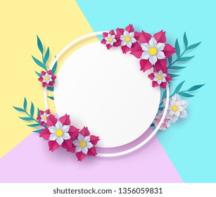 flower paper cut in vector art design with realistic shadows in pastel color tone . Frame or space for add the text label used for a magazine, web, signboard in shopping mall and the other.