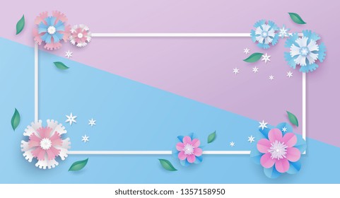 flower paper cut in vector art design with realistic shadows in pastel color tone . Frame or space for add the text label used for a magazine, web, signboard in shopping mall and the other.