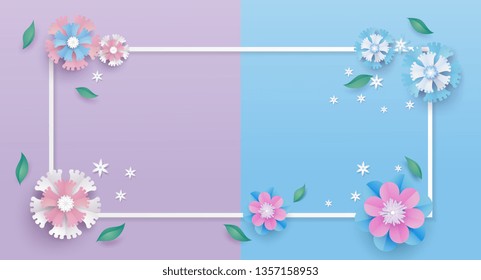 flower paper cut in vector art design with realistic shadows in pastel color tone . Frame or space for add the text label used for a magazine, web, signboard in shopping mall and the other.