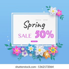 flower paper cut in vector art design with realistic shadows in pastel color tone . Frame or space for add the text label used for a magazine, web, signboard in shopping mall and the other.