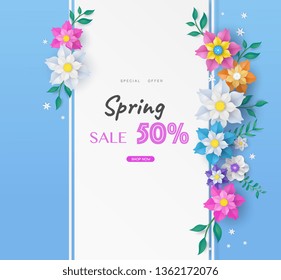 flower paper cut in vector art design with realistic shadows in pastel color tone . Frame or space for add the text label used for a magazine, web, signboard in shopping mall and the other.