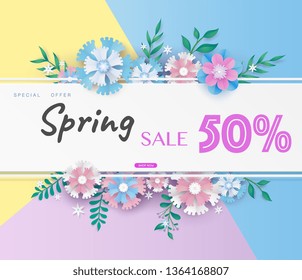 flower paper cut in vector art design with realistic shadows in pastel color tone . Frame or space for add the text label used for a magazine, web, signboard in shopping mall and the other.
