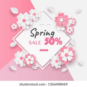 flower paper cut in vector art design with realistic shadows in pastel color tone . Frame or space for add the text label used for a magazine, web, signboard in shopping mall and the other.