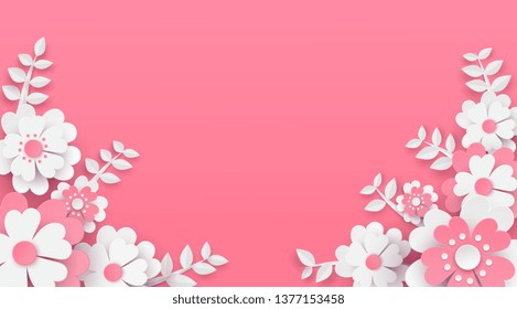 flower paper cut in vector art design with realistic shadows in pastel color tone . Frame or space for add the text label used for a magazine, web, signboard in shopping mall and the other.