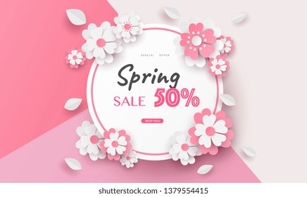 flower paper cut in vector art design with realistic shadows in pastel color tone . Frame or space for add the text label used for a magazine, web, signboard in shopping mall and the other.