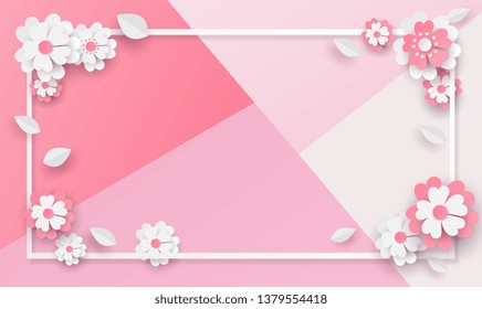 flower paper cut in vector art design with realistic shadows in pastel color tone . Frame or space for add the text label used for a magazine, web, signboard in shopping mall and the other.
