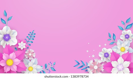 flower paper cut in vector art design with realistic shadows in pastel color tone . Frame or space for add the text label used for a magazine, web, signboard in shopping mall and the other.