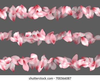 Flower parts petals flying vector background. Spring blossom petals isolated elements on grey. Blossom parts confetti in horizontal stripes windy pattern.
