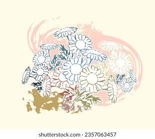 flower pastel meadow japanese chinese traditional vector illustration card background colorful watercolor ink textured
