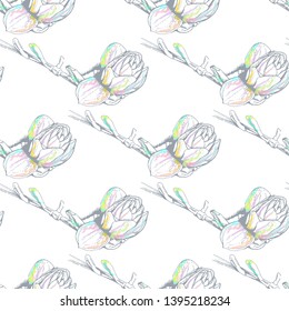 Flower Pastel. Romantic Seamless Pattern. Floral Texture Sketch. Geometric Pastel Ornament. Endless Repeat Flowers Magnolia. Summer Trend Seamless Pattern. Vector Background. Modern Wedding Print.