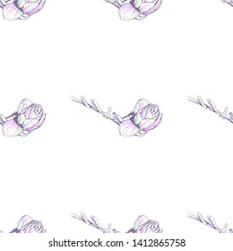 Flower Pastel. Romantic Seamless Pattern. Floral Texture Sketch. Geometric Pastel Ornament. Endless Repeat Flowers Magnolia. Summer Trend Seamless Pattern. Vector Background. Modern Wedding Print.