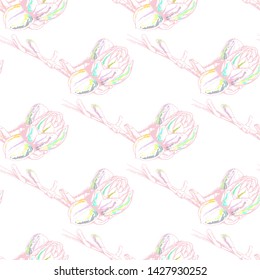 Flower Pastel. Romantic Seamless Pattern. Floral Texture Sketch. Geometric Pastel Ornament. 