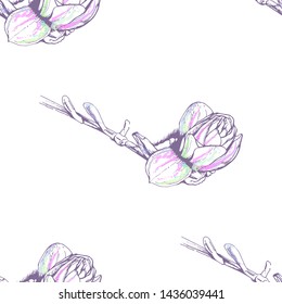 Flower Pastel. Romantic Seamless Pattern. Floral Texture Sketch. Geometric Pastel Ornament. Endless Repeat Flowers Magnolia. Summer Trend Seamless Pattern. Vector Background. Modern Wedding Print.
