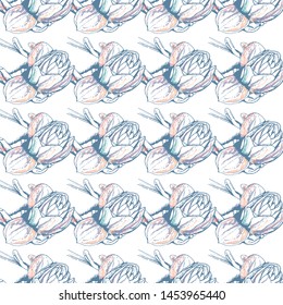 Flower Pastel. Romantic Seamless Pattern. Floral Texture Sketch. Geometric Pastel Ornament. Endless Repeat Flowers Magnolia. Summer Trend Seamless Pattern. Vector Background. Modern Wedding Print.