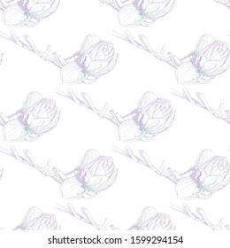 Flower Pastel. Romantic Seamless Pattern. Floral Texture Sketch. Geometric Pastel Ornament. Endless Repeat Flowers Magnolia. Summer Trend Seamless Pattern. Vector Background. Modern Wedding Print.