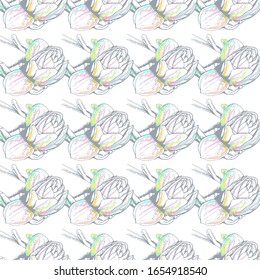 Flower Pastel. Romantic Seamless Pattern. Floral Texture Sketch. Geometric Pastel Ornament. Endless Repeat Flowers Magnolia. Summer Trend Seamless Pattern. Vector Background. Modern Wedding Print.