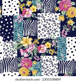 flower patchwork pattern navy background