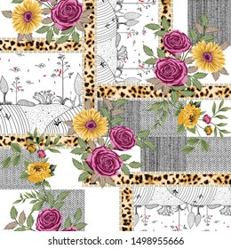 Flower patchwork pattern on white 