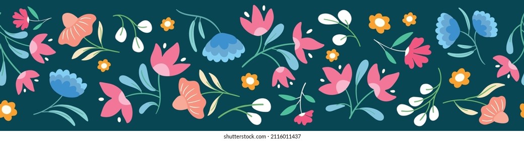 Flower pattern background border. Decorative folk floral vector seamless repeat banner design. 