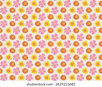 Flower Pattern Background Design Seamless Texture Petal Bloom Spring Floral Ornament Decoration Retro Pink Yellow Orange cheerful floral repeat pattern with doodle-style colorful flowers in vintage