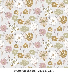 Flower pattern background with meadow flowers. Dense greenery backdrop and cream floral bunches on light gray