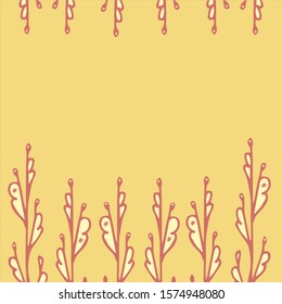 Flower pattern. Background mustard color with red stems of an unusual plant. Flowers are located above and below. In the center there is a place for text and inscriptions.