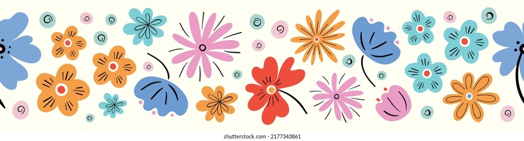 Flower pattern background vector border, trendy seamless repeat design banner of hand drawn flowers. 