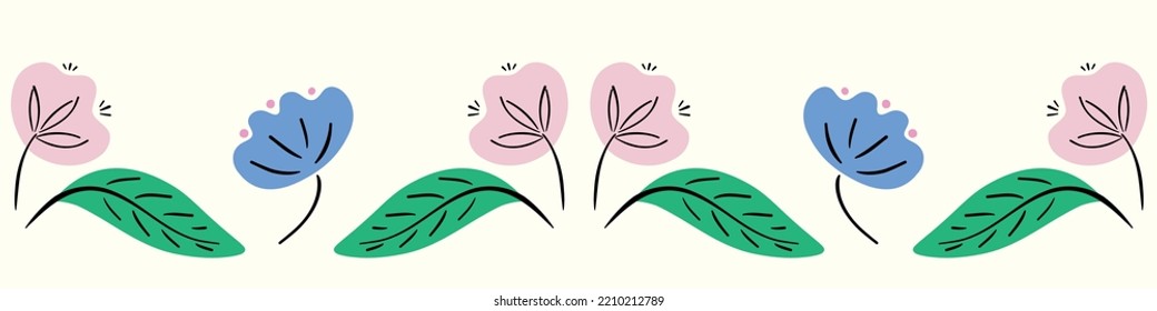 Flower pattern background vector border, trendy seamless repeat design banner of hand drawn flowers. 