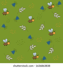 Flower pattern with bees and other decorative elements, green background, vector illustration