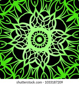 Flower pattern. Black, green color ornament. Vector illustration
