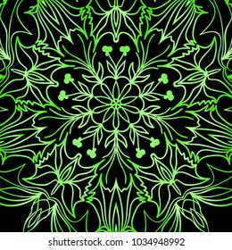 Flower pattern. Black, green color ornament. Vector illustration