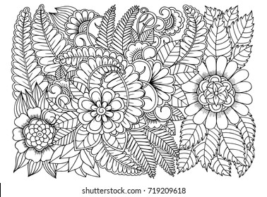 Flower pattern in black and white for adult coloring book. Can use for print , coloring and card design