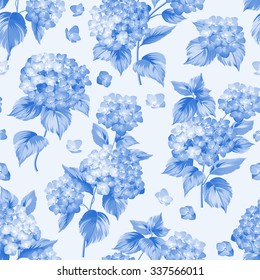 Flower Pattern Of Blue Hydrangea Flowers. Seamless Texture. Blue Flowers. Vector Illustration.