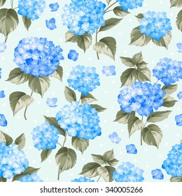 Flower pattern of blue hydrangea flowers over light background. Seamless texture. Blue flowers. Vector illustration.