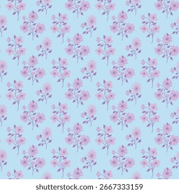 Flower pattern blue purple background with meadow flowers. Dense greenery backdrop and tiny floral bunches grandmillenial style.