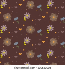 Flower pattern: blue, purpul and brown flowers. Cute hearts and polka dot. Burgundy background. Vector illustration. 