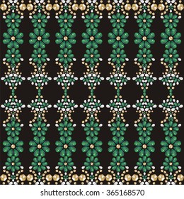 Flower pattern from brilliant stones silk scarf. Beadwork, handmade, embroidery. Beautiful jewelry fabric, shawl, wallpaper. Fashion ornament crystal, 
emerald and gold rhinestones - stock vector 