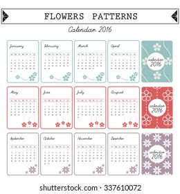 flower pattern calendar of 2016, vector set