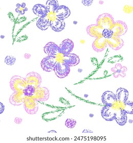 Flower pattern for children drawing with crayons in doodle style. Seamless pattern with flowers, chalk drawn.Vector 