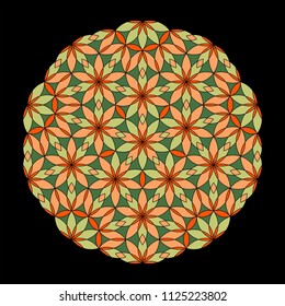 Flower Pattern. Colorful mandala. Circular ornament. Design for print on silk neck scarf, kerchief, pillow, bandana, carpet. Coloring book page.